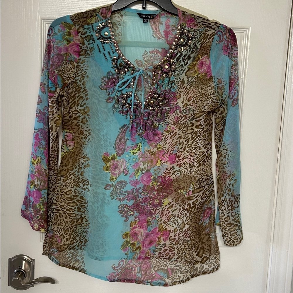 Chaudry KC Boho Blouse, animal print floral Multi-color, Size S beaded sheer